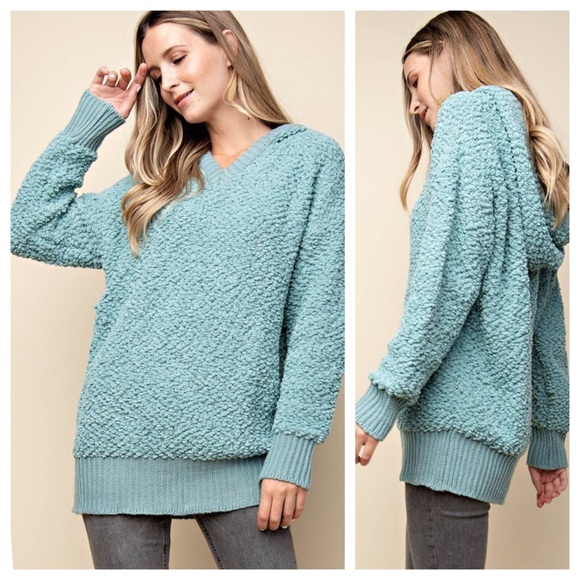 SML Hooded popcorn sweater sage blue green - Picture 1 of 6